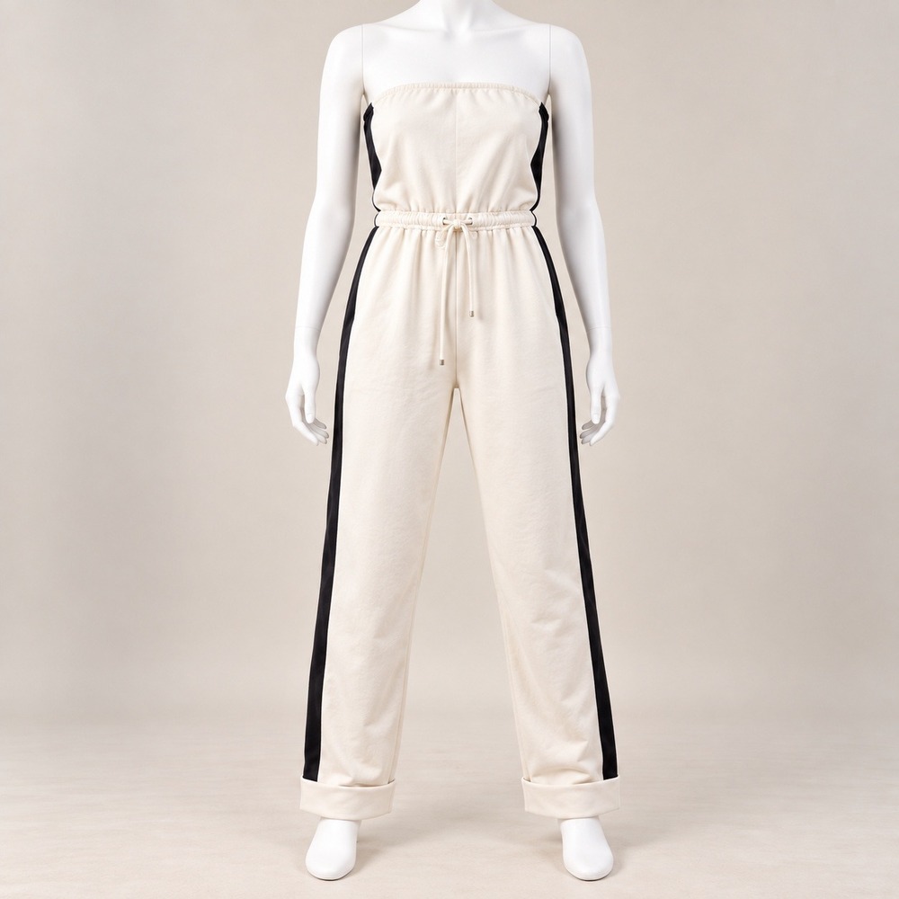 NWT Capella Strapless Jumpsuit Womens S White Black Side Stripe Jogger Tube Top